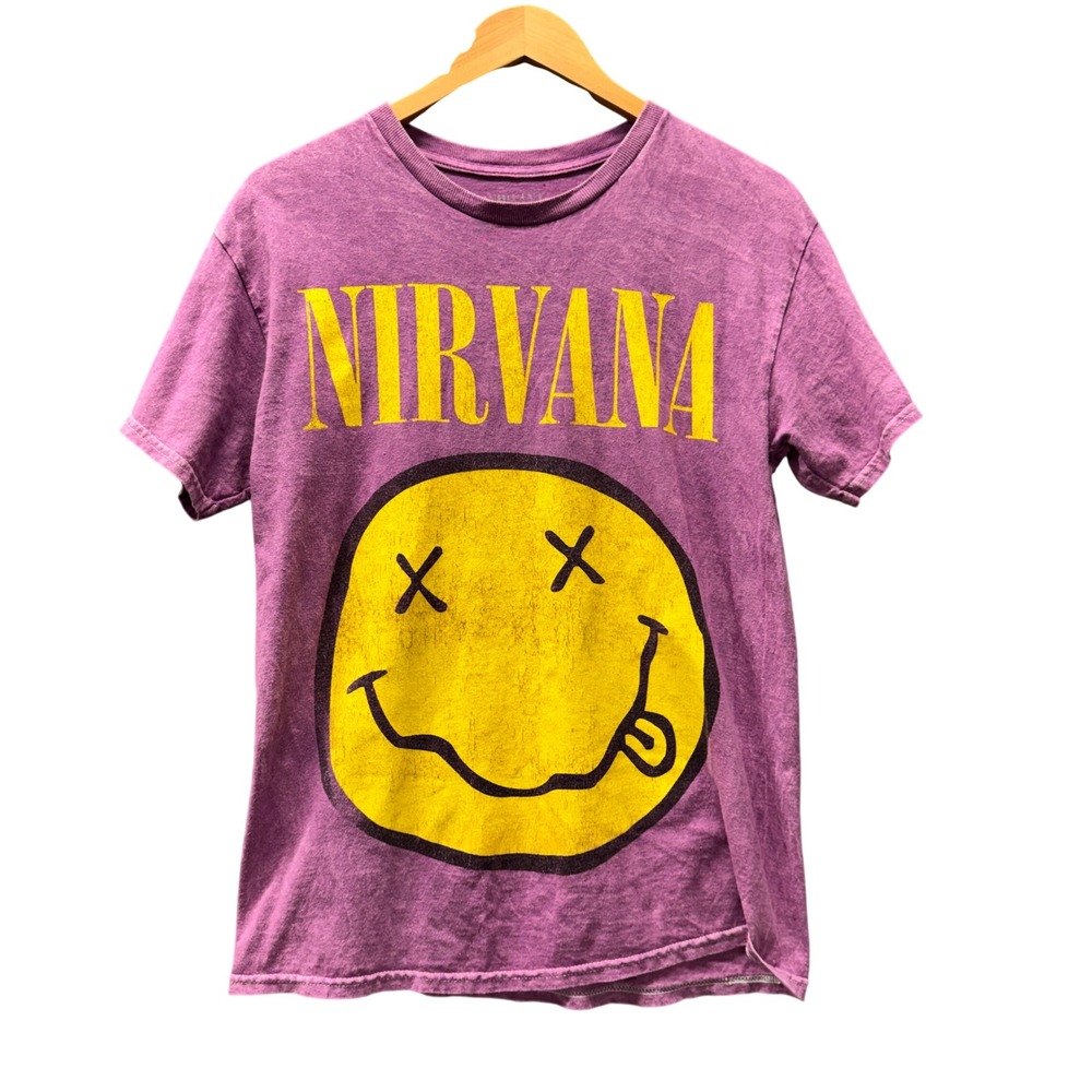 Nirvana T-Shirt Womens M Smiley Face Purple Acid Wash Band Tee Short Sleeve